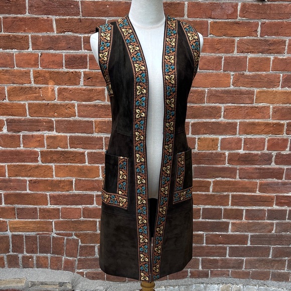 Vintage Jackets & Blazers - Vintage Black Leather Vest with Embroidered Trim